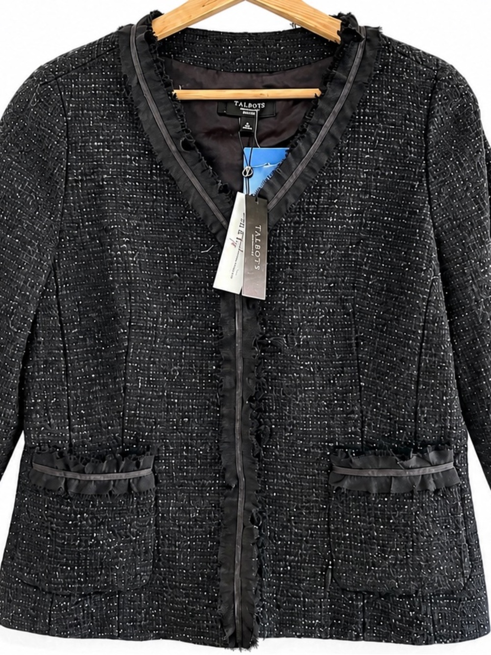 NWT Talbots Wool Tweed Blazer Black Ruffle Office Event Grace Fit Jacket Sz 10P